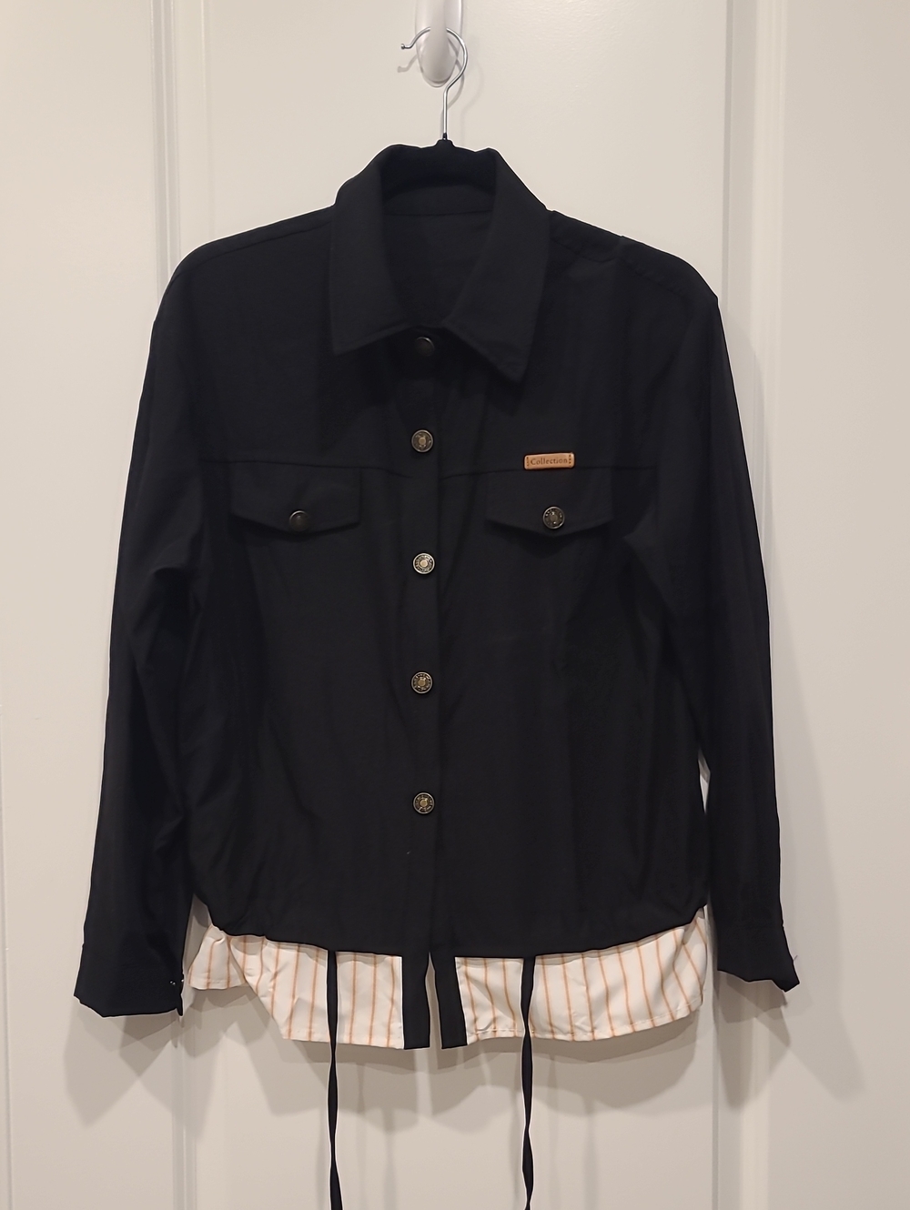 Black Button-Front Jacket with Shirttail Hem. BB 45
